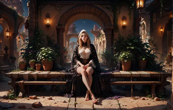 City, Girl, night, bench, sitting, fabulous, tunic, long cloak