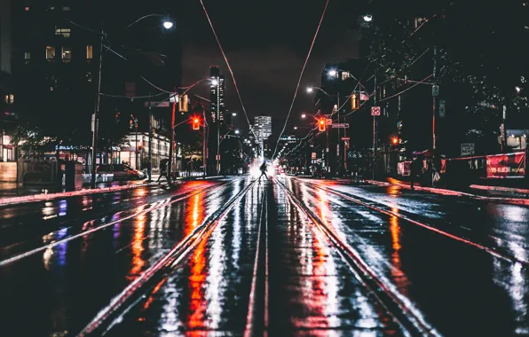 Night, the city, lights, people, wet road