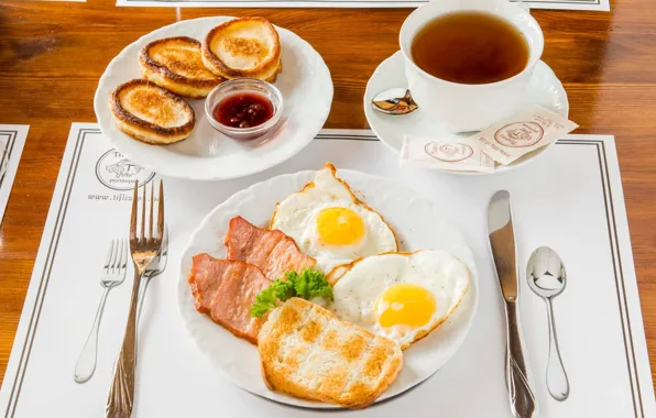 Tea, Breakfast, scrambled eggs, jam, bacon, pancakes
