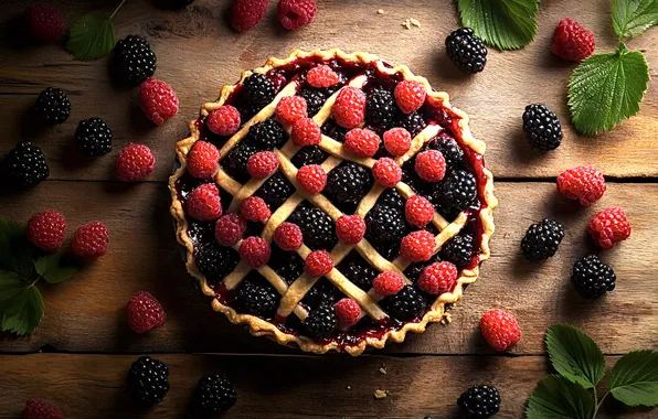Leaves, berries, raspberry, table, Board, pie, placer, dessert