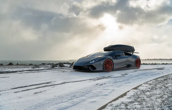Winter, snow, Lamborghini, supercar, CGI, Performante, Huracan