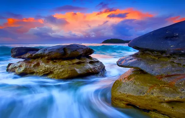 Picture sea, the sky, clouds, sunset, stones, rocks, glow