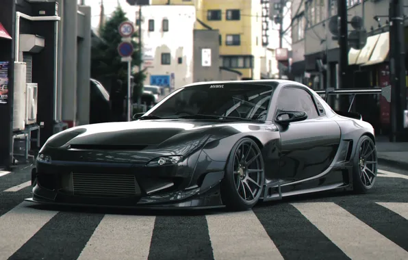 Auto, Black, Machine, Street, Mazda, RX-7, Rendering, Mazda rx7