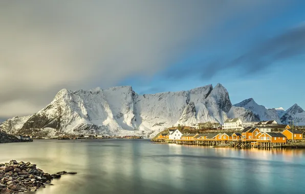 The sky, mountains, shore, coast, home, Norway