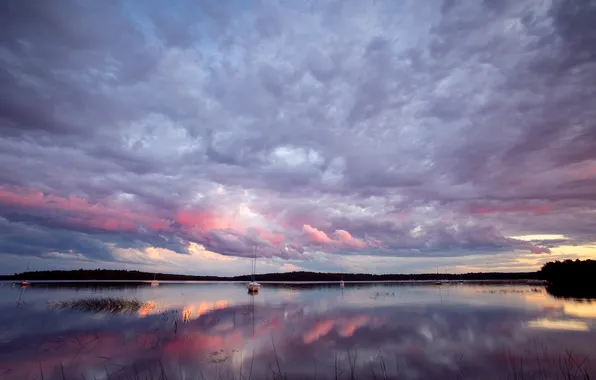 The sky, clouds, lake, reflection, boats