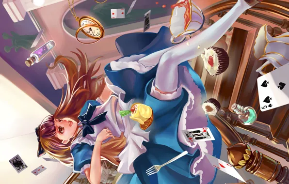 Drop, ladder, railings, Alice in Wonderland, Alice in Wonderland, Alice, apron, blue dress