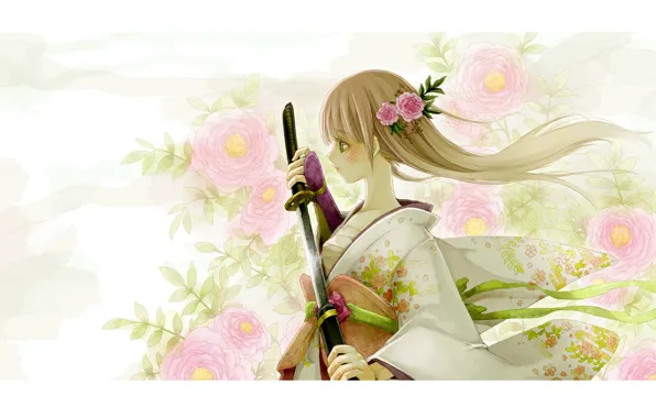 Girl, flowers, katana, kimono, white hair, sheath