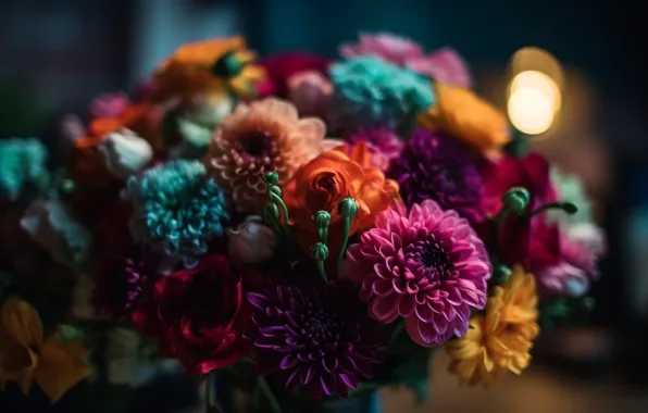 Light, flowers, bright, roses, bouquet, yellow, blue, red