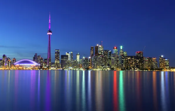 Picture lake, reflection, Canada, Toronto, blue sky, lake Ontario, CN Tower