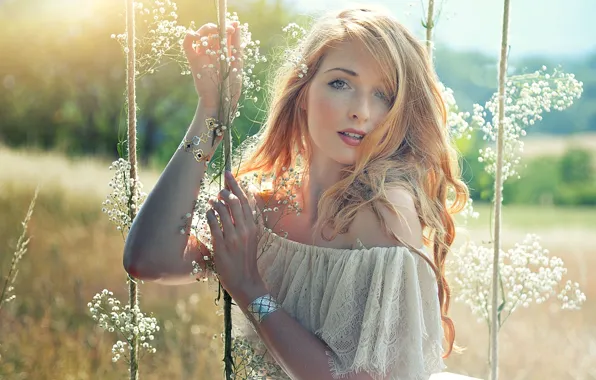 Picture summer, light, flowers, swing, mood, hair, freckles