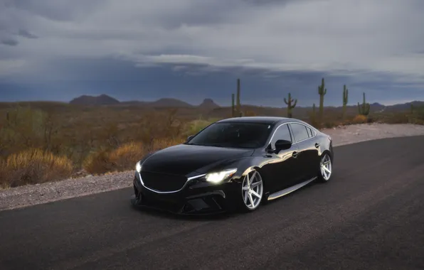 Mazda, Clouds, Mazda 6, Black, Mountains, Road, Sedan, Stance