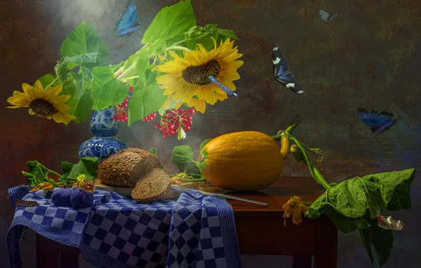 Sunflowers, bouquet, bread, pumpkin, fruit, still life, figs