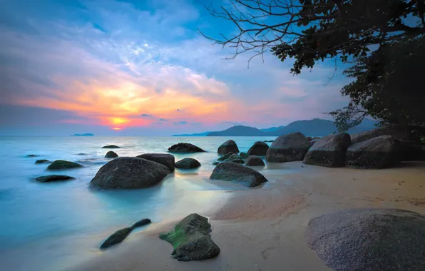 Picture sea, the sky, clouds, mountains, stones, tree, glow