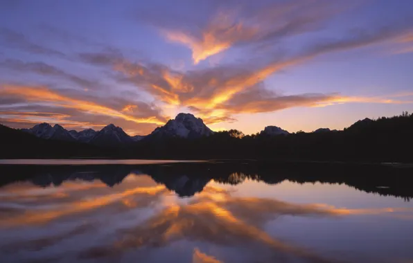 The sky, clouds, sunset, mountains, Lake