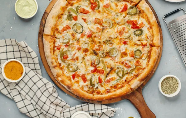 Cheese, pizza, sauce, tomatoes, cakes, pizza, spices, the dough