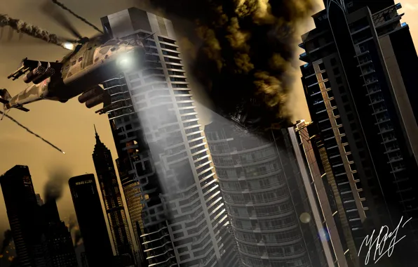 Picture war, building, helicopter