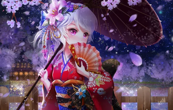 Umbrella, anime, Sakura, fan, kimono, flowering, Yukata