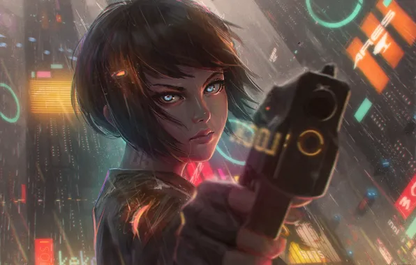 Picture girl, the city, gun, weapons, rain, home, anime, art