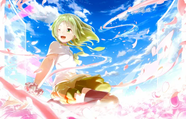 Picture the sky, girl, clouds, smile, anime, petals, art, vocaloid