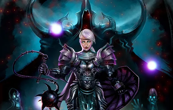 Picture girl, weapons, Diablo 3, crusader, Reaper of Souls, Malthael