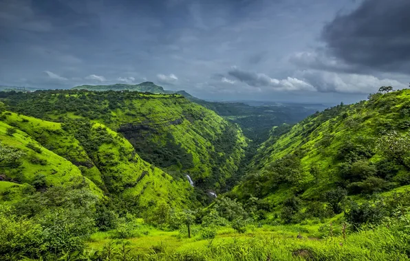 The storm, grass, clouds, mountains, green, river, cascade