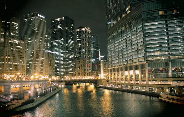 Water, night, skyscrapers, Chicago, USA, Chicago, megapolis, illinois