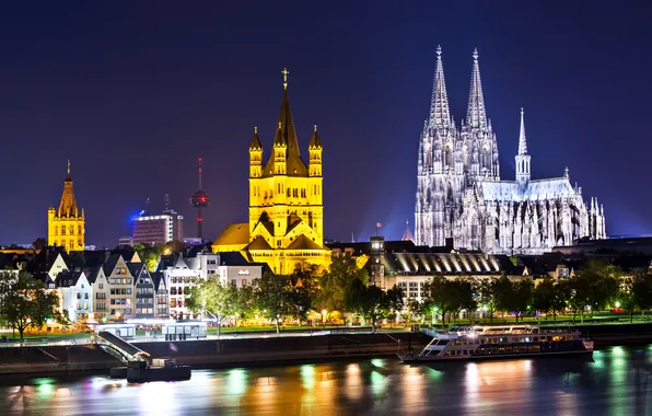 The city, lights, river, Gothic, the evening, Germany, lighting, Church