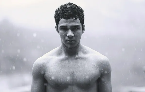 Man, lips, hair, raindrops, direct gaze