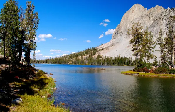 Picture autumn, the sky, trees, mountains, lake