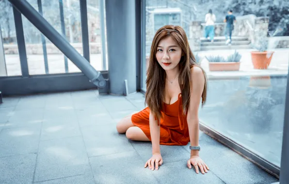 Look, girl, dress, neckline, brown hair, Asian, sitting, cutie