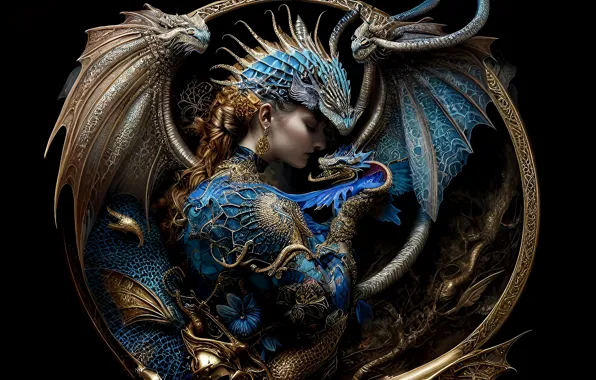 Picture girl, decoration, dragon, wings, fantasy, art, black background, gold plated