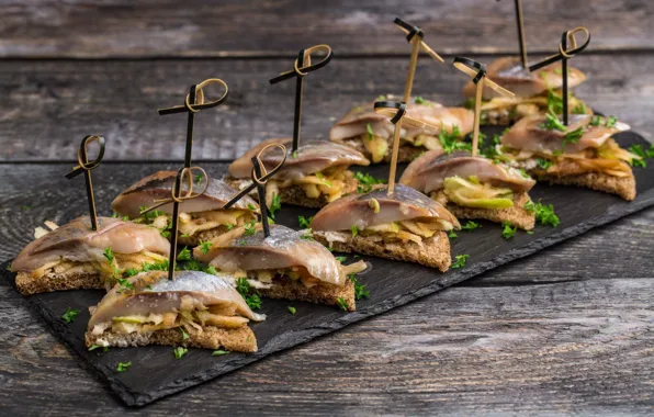 Dill, bread, skewers, canapés, herring