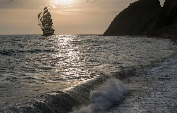 Sea, sunset, rocks, ship, sailboat