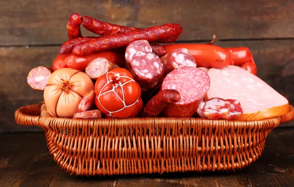 Photo, Basket, Food, Sausage, Meat products