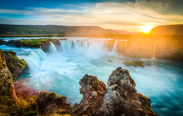 The sun, dawn, waterfall, Iceland, Godafoss