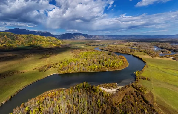 Russia, river, sky, mountains, clouds, curves, valley, река Иркут