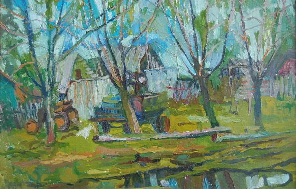 Picture trees, home, village, puddle, tractor, cart, Svetlana Nesterova