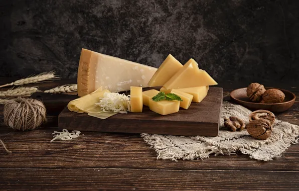 The dark background, Board, food, cheese, pieces, ears, nuts, thread