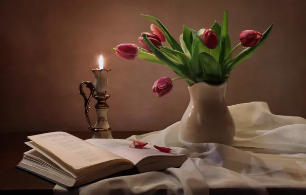 Candle, tulips, book, still life