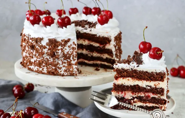 Cherry, berries, cherry, cake, plug, layers, cherry, stand