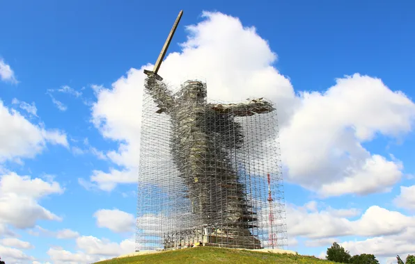 Clouds, Sword, Volgograd, Mamaev Kurgan, Scaffolding, Mamayev Kurgan, Reconstruction of the monument, The Motherland calls