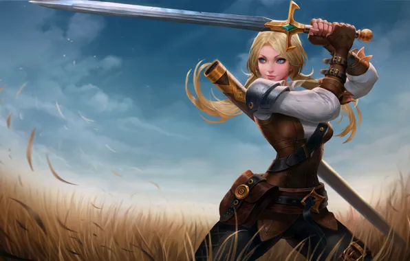 Picture girl, sword, fantasy, field, weapon, Warrior, blue eyes, blonde