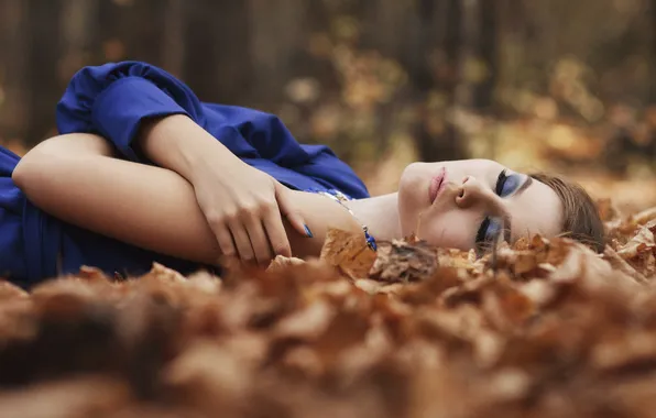 Autumn, forest, leaves, girl, trees, mood, model, portrait