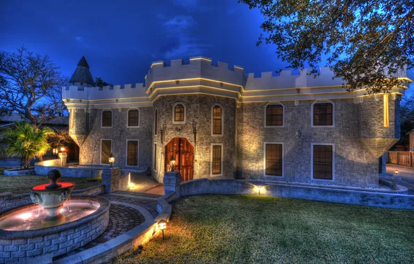 Night, design, the city, photo, lawn, home, lights, fountain