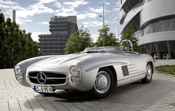 Picture the sky, trees, the city, retro, Mercedes-Benz, silver, supercar, Mercedes