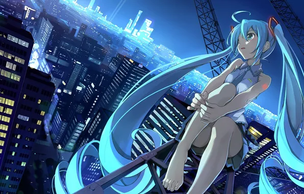 Picture night, the city, lights, height, vocaloid, hatsune miku, Vocaloid, sitting