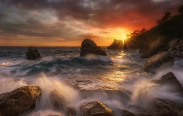 Sea, sunset, rocks, coast, Bay, Spain, Spain, Catalonia