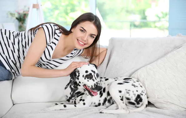 Girl, mood, dog, Dalmatian, dog, dalmatian