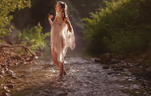 Summer, girl, nature, stream, brown hair, Cape, Evgeny Loza, Eugene Loza