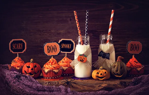 Milk, Halloween, pumpkin, Halloween, holidays, cakes, sweet, cupcake